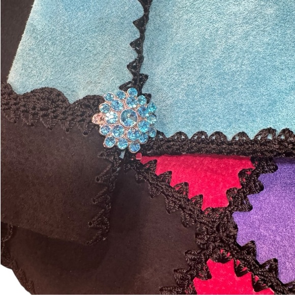 Vintage Suede Patchwork Boho Jacket M/L Jewel Sleeve Crochet Trim Fuchsia Teal - Picture 7 of 7